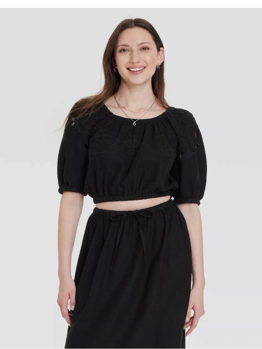 Universal Thread Linen Black Cropped Peasant Top Size L